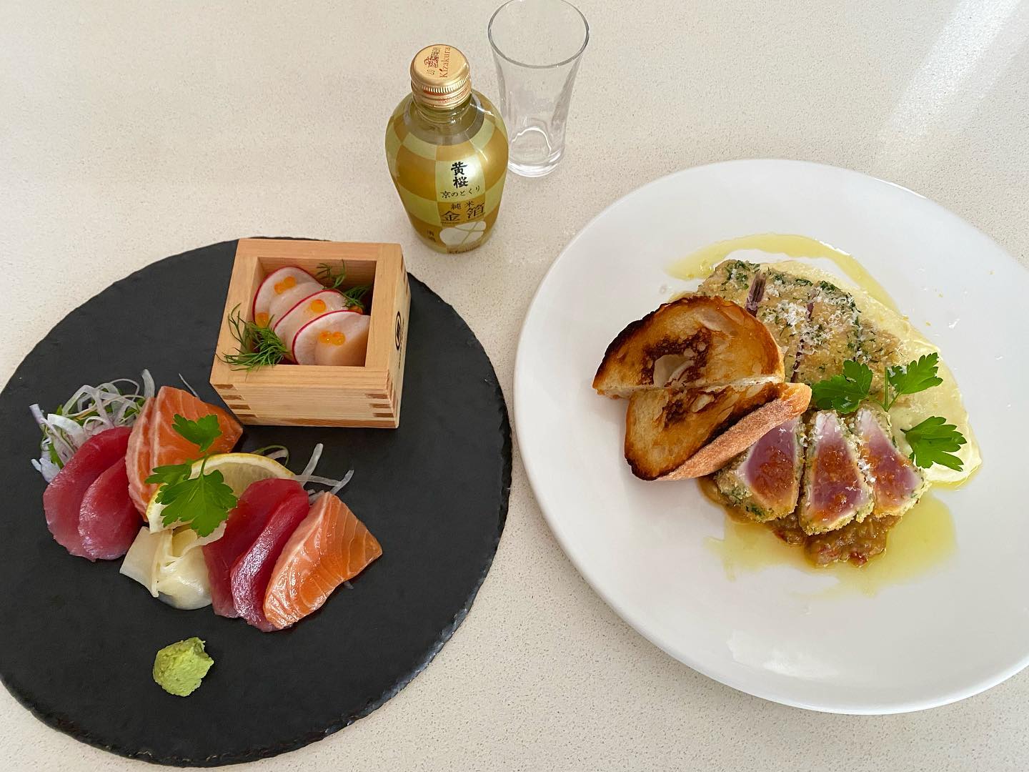 Next our special is yellowfin tuna! Assorted sashimi also Tuna parmigiana  with eggplant wasabi tapenade and tofu 
mashed potato.
Which do you prefer?