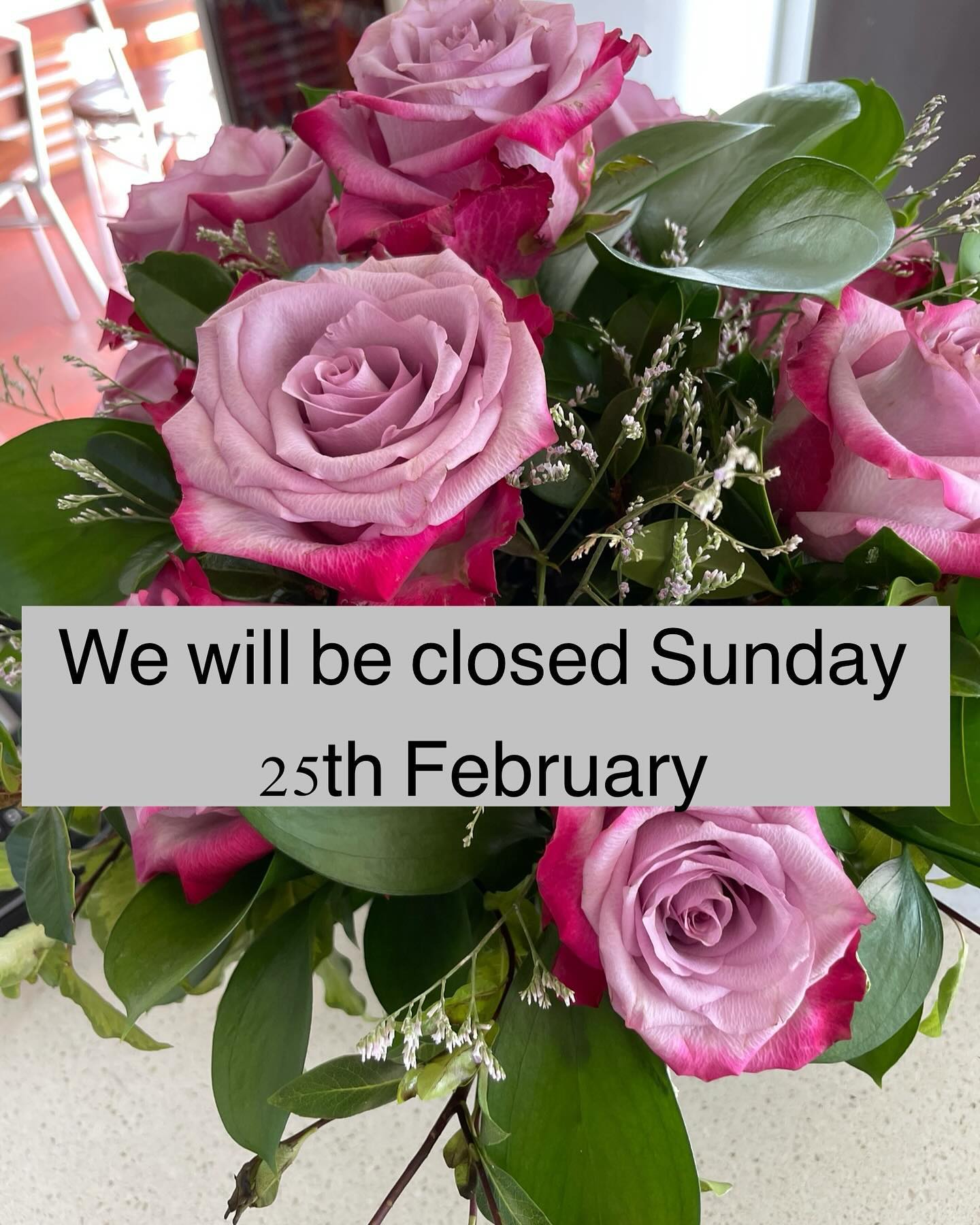 We will be closed Sunday 25th February. Back to normal hours Monday 26th. Apologies for inconvenience.
