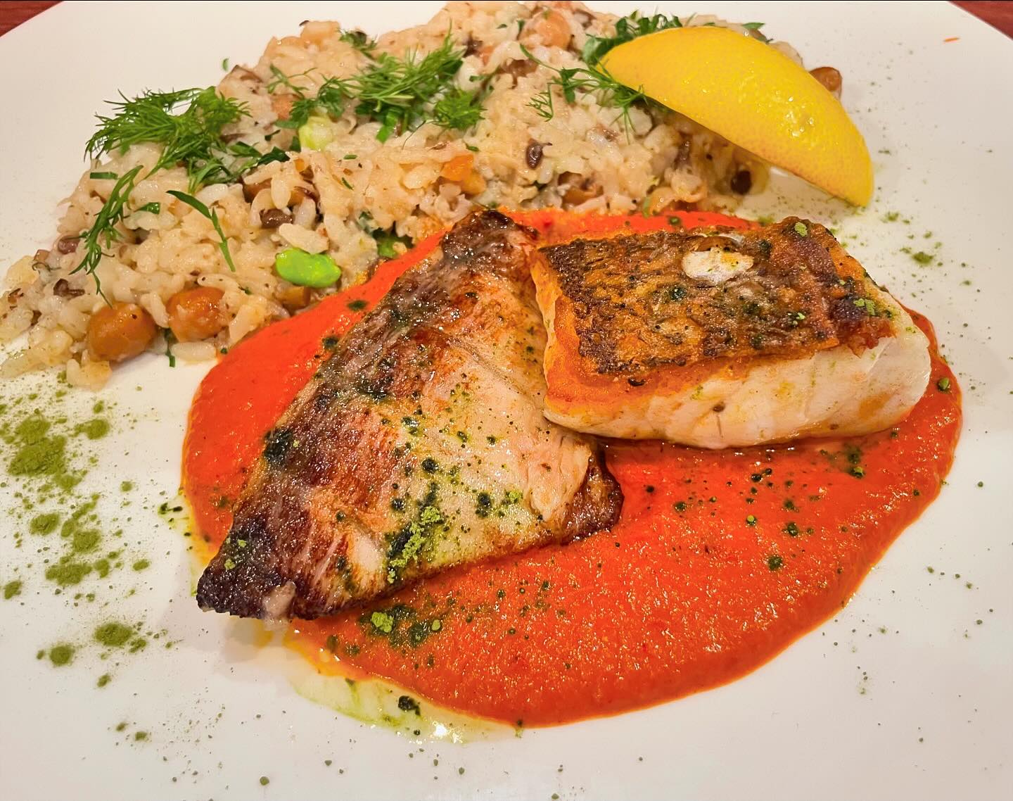 Chef’s next fish special is Goldband snapper sesame romesco sauce, peas and crabmeat risotto on the side. 🤤